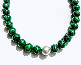 Large Malachite Bead Necklace, Chunky Green Necklace, Statement Necklace, 12mm Round Silver & Malachite Bead  Necklace w/Large Toggle Clasp