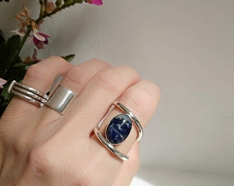 Blue Stone Ring, Oval Sodalite Cabochon Silver Ring, Dark Blue Semi Precious Stone, Gift for her, Silver Double Band Ring, Statement ring