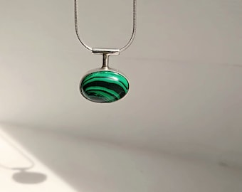 Oval Malachite Cabochon Pendant Necklace, Sterling Silver Snake Chain, Gift, Green Stone Pendant, Minimalist Necklace, Dark Green Stone