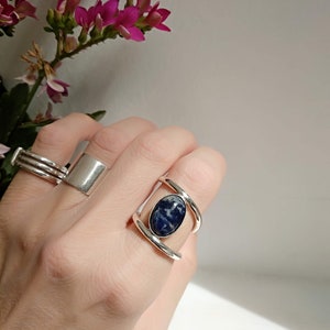 Blue Stone Ring, Oval Sodalite Cabochon Silver Ring, Dark Blue Semi Precious Stone, Gift for her, Silver Double Band Ring, Statement ring