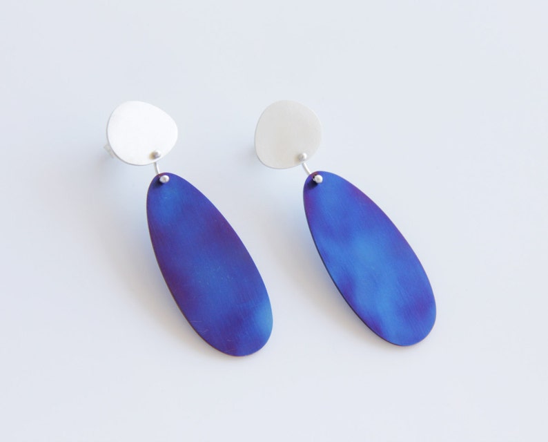 Sterling Silver & Titanium Pebble Drop earrings, Statement Earrings, Summer Earrings, Royal Blue, Sapphire Blue, Purple, Beach Jewelry image 1