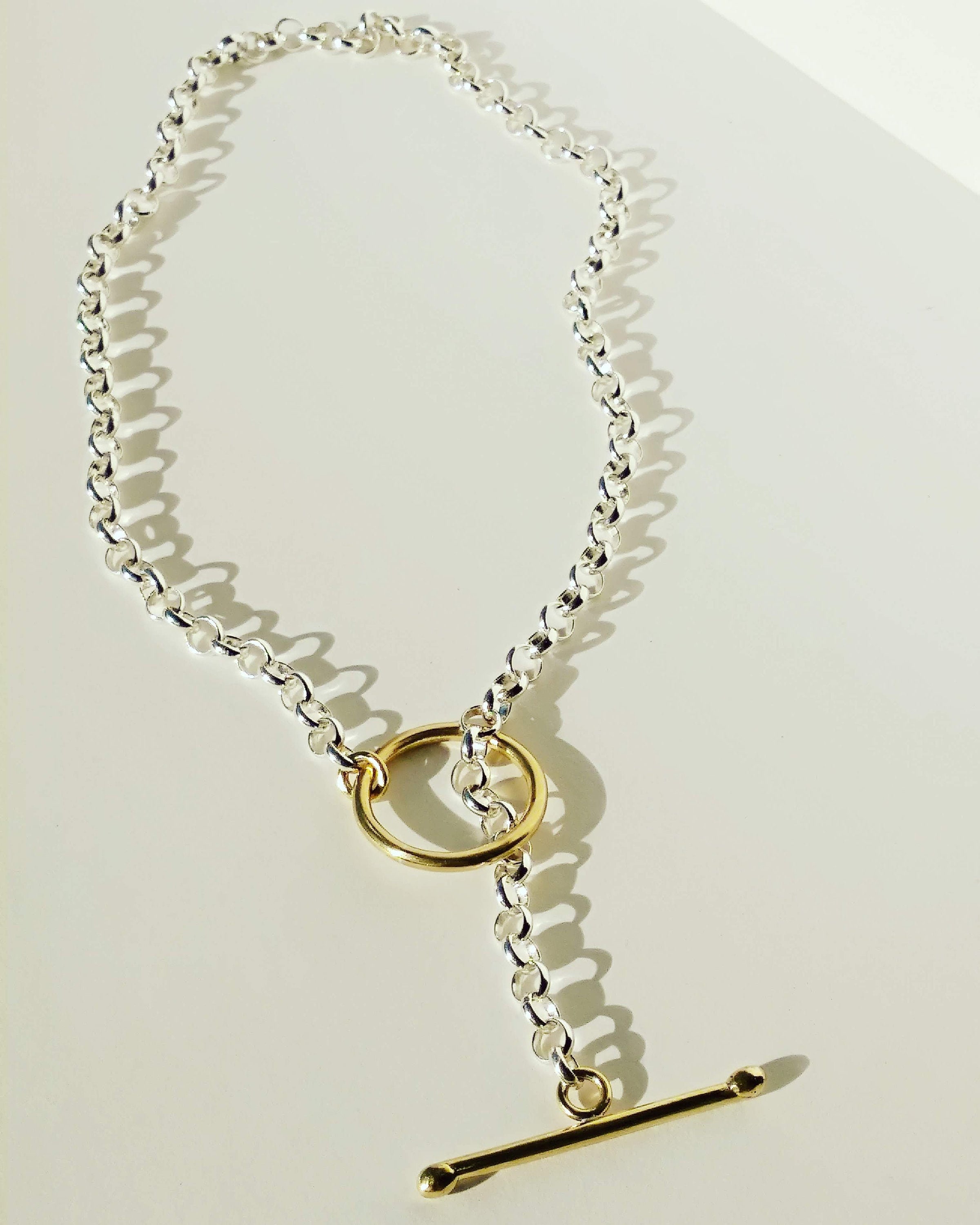 Sterling Silver Rolo Chain Necklace with Handmade Brass Toggle