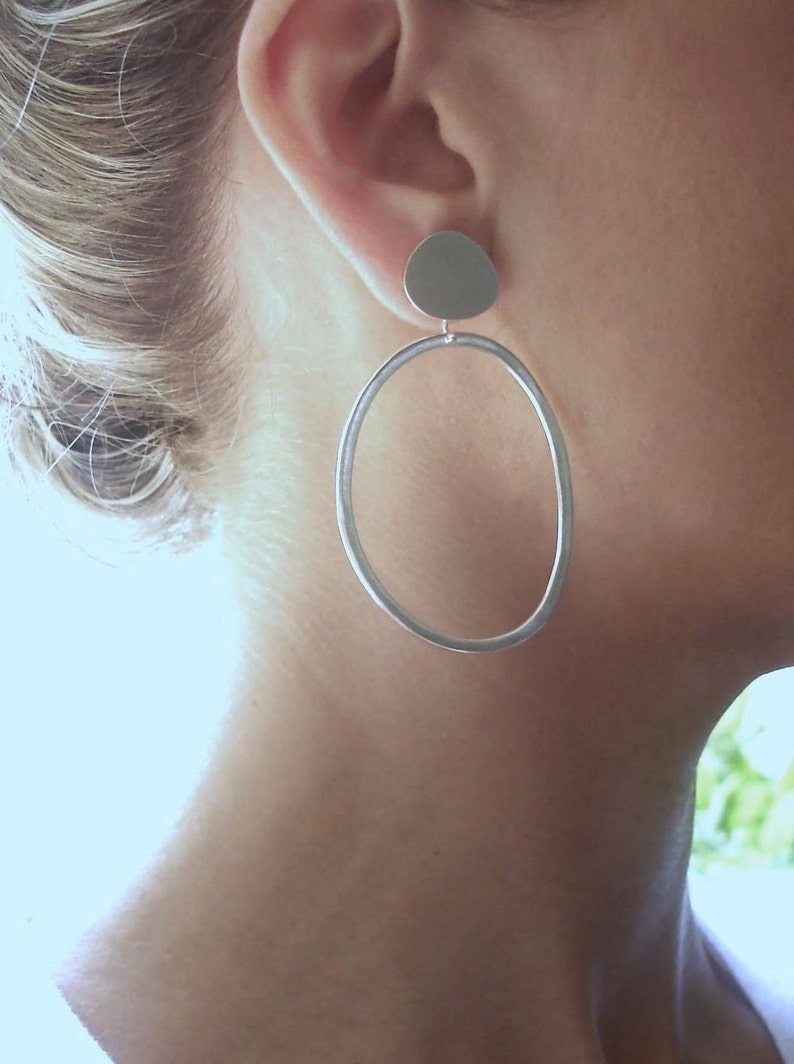 Sterling Silver Pebble & Abstract Hoop Earrings, Gift for her, Statement Earrings, Organic Shapes, Silver Hoops, Boho Hoops, Beach style image 2