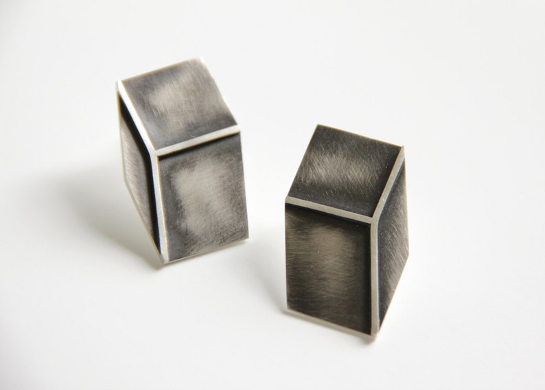Silver Statement Earrings, 3d Effect Sterling Silver Rectangle Earrings, Silver Geometric Post Earrings, Cube Post Earrings, Gift For Her image 2