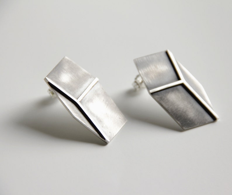 Silver Statement Earrings, 3d Effect Sterling Silver Rectangle Earrings, Silver Geometric Post Earrings, Cube Post Earrings, Gift For Her image 3