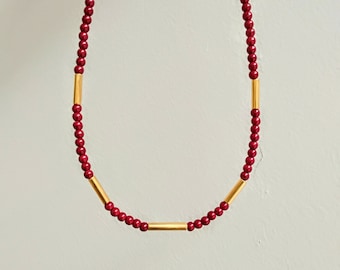 Ruby Cherry Red Bead and Gold Tube Pieces Necklace, Festive Jewelry, Gift for her, Red Howlite Beads, Gold Plated Brass Silver, Limited