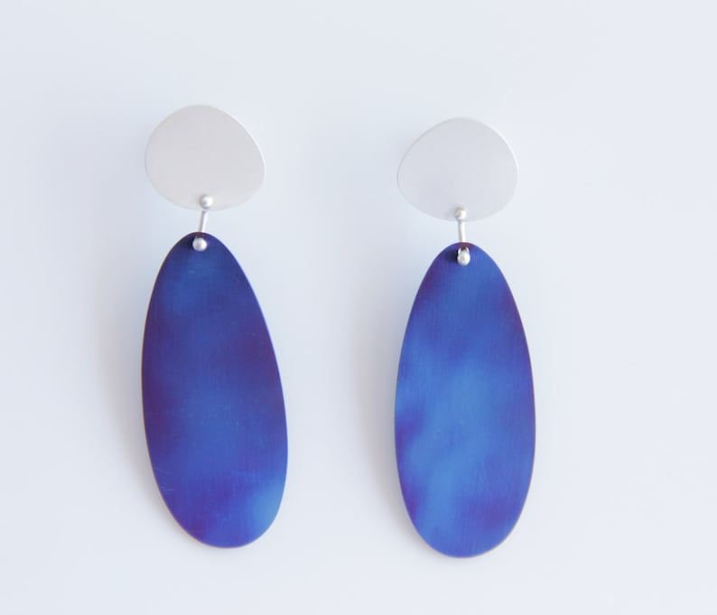 Sterling Silver & Titanium Pebble Drop earrings, Statement Earrings, Summer Earrings, Royal Blue, Sapphire Blue, Purple, Beach Jewelry image 2