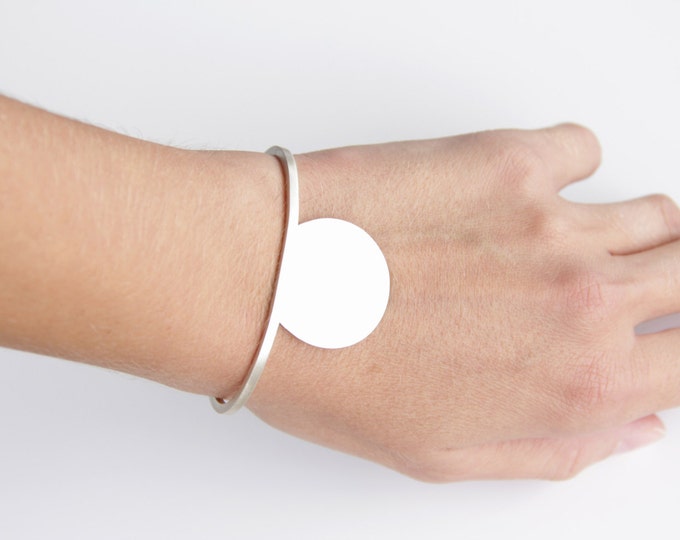 Minimal cuff bracelet, gift, Sterling Silver Cut Circle and Square Wire Cuff, Geometric Silver Cuff Bracelet, Minimalist cuff, Secant line