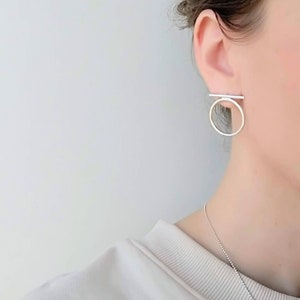 Sterling Silver Line & Hoop Earrings, Minimalist Hoops, Gift, Silver Circle Stud Earrings, Small Silver Hoops, Geometric Earrings, Women image 3