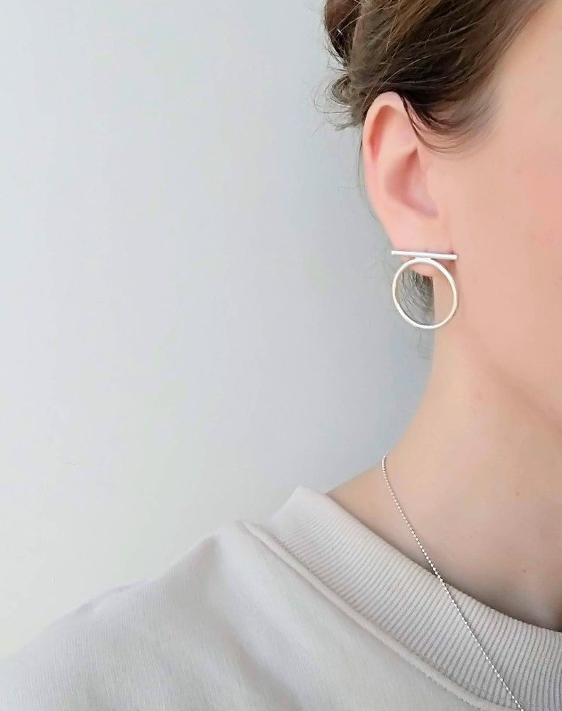 Sterling Silver Line & Hoop Earrings, Minimalist Hoops, Gift, Silver Circle Stud Earrings, Small Silver Hoops, Geometric Earrings, Women image 3