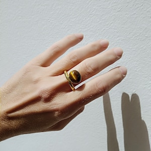 Gold Tiger's Eye Ring, Statement Ring, Gold Plated Silver & Brass, semiprecious stone, Gift for Her, Minimalist Ring, Brown stone, Cabochon image 1