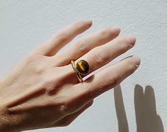 Gold Tigerauge Ring, Statement Ring, Vergoldetes Silber & Messing, Halbedelstein, Geschenk für Sie, Minimalistischer Ring, Brauner Stein, Cabochon