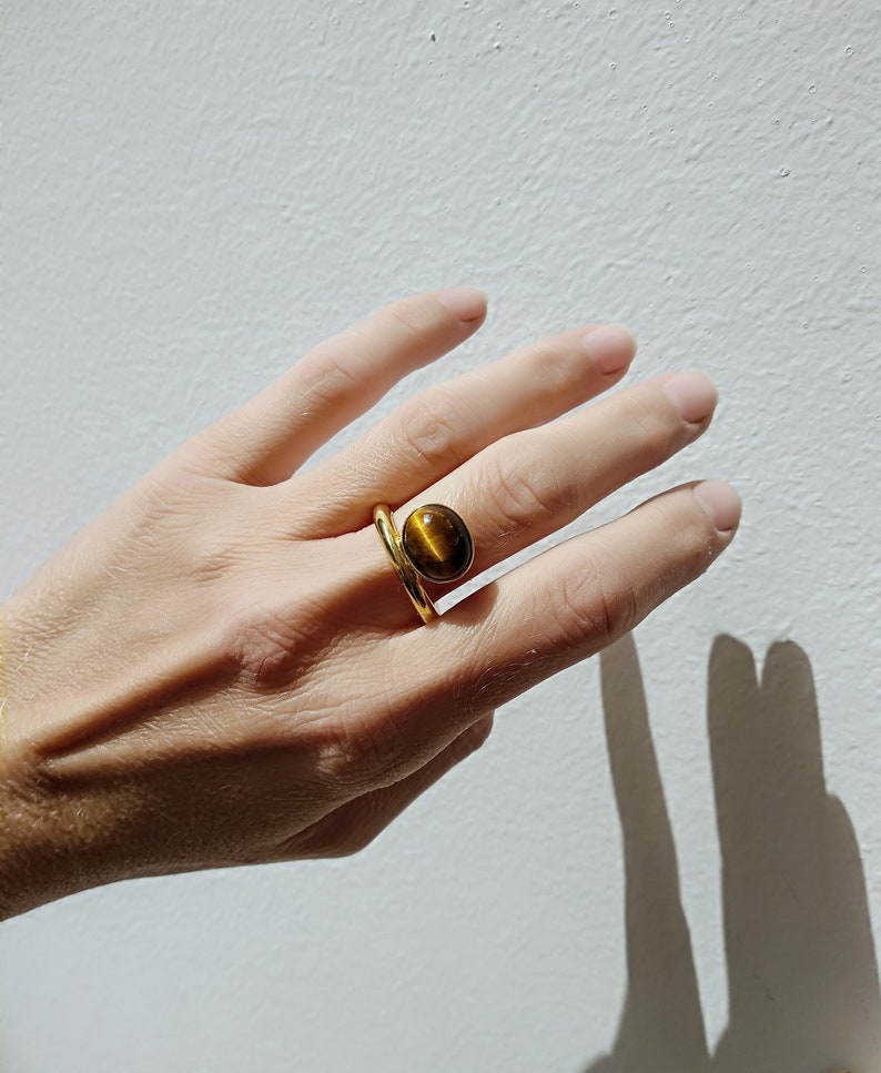 Gold Tiger's Eye Ring, Statement Ring, Gold Plated Silver & Brass, semiprecious stone, Gift for Her, Minimalist Ring, Brown stone, Cabochon image 1