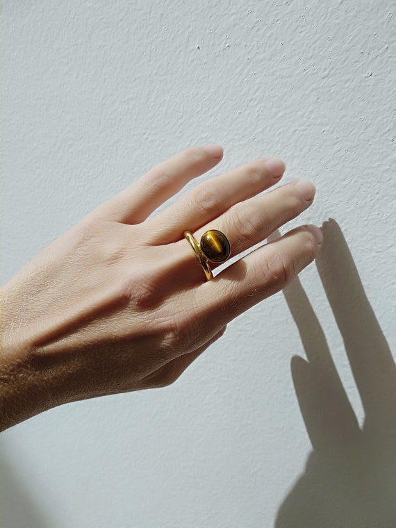 Gold Plated Tiger's Eye Ring: Sterling Silver & Brass Statement