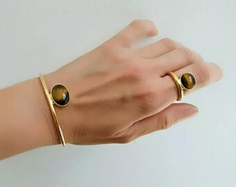Gold Plated Tiger's Eye Cuff Bracelet: Adjustable Sterling Silver & Brass
