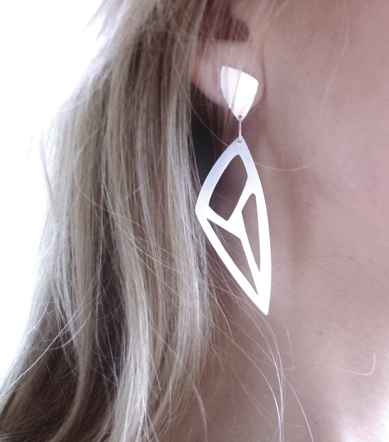 Sterling Silver Statement Earrings, Triangle CutOut Earrings, Gift, Lotus Leaf, Minimalist Earrings, Triangle Drop Earrings, Geometric image 2