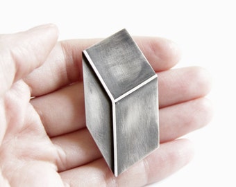 Silver Rectangle Brooch, 3d Effect Sterling Silver Rectangle Brooch, Geometric Brooch, Large Statement Brooch, Gift, Cube Brooch