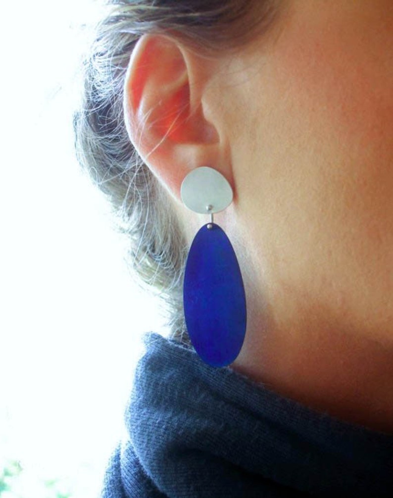 Sterling Silver & Titanium Pebble Drop earrings, Statement Earrings, Summer Earrings, Royal Blue, Sapphire Blue, Purple, Beach Jewelry image 3