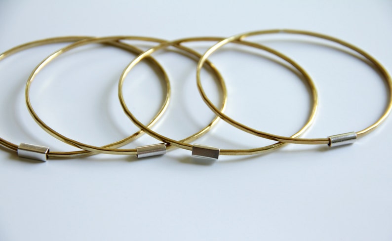 Thin Brass and Sterling Silver Bangles, Set of Two, Stackable Bangle Set, Minimalist Bangles image 3