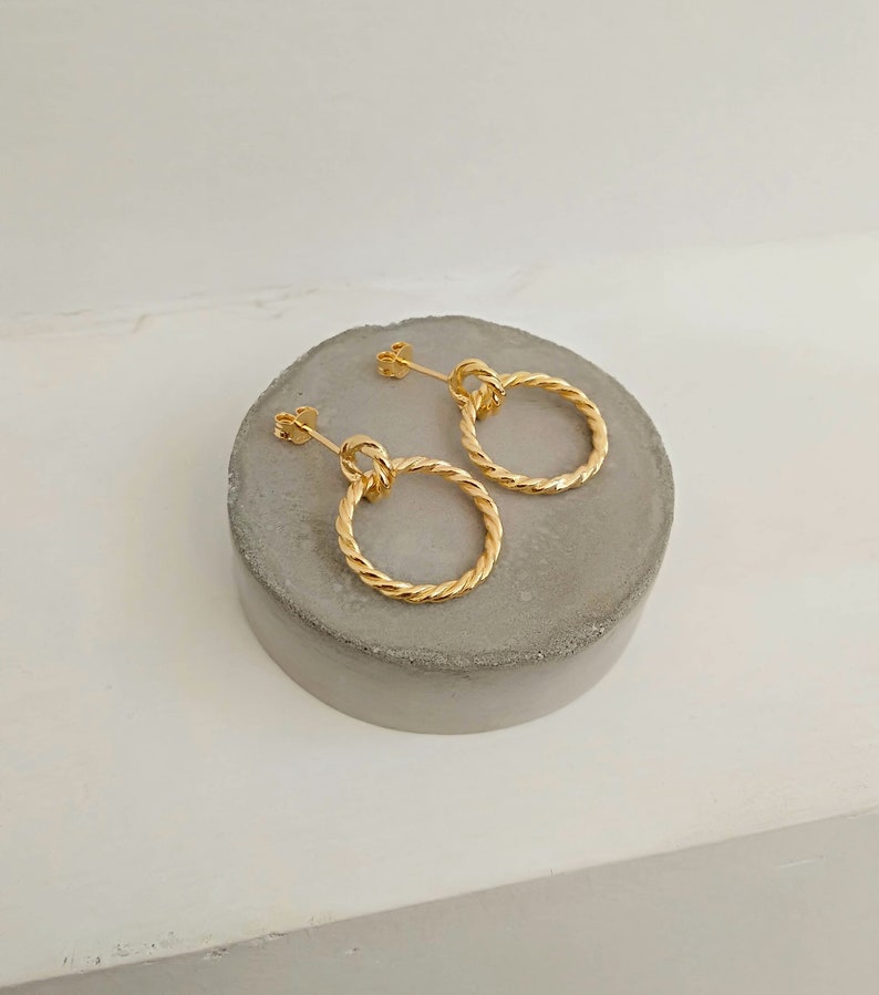 Gold Plated Twisted Wire Double Hoops, Small Gold Hoops, Minimalist Hoops, Gold Everyday Hoops, Dangling Hoops, Gift, Twisted Hoops image 2