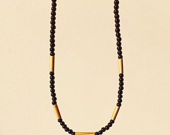 Black Howlite Beaded Necklace with Gold Tube Accents