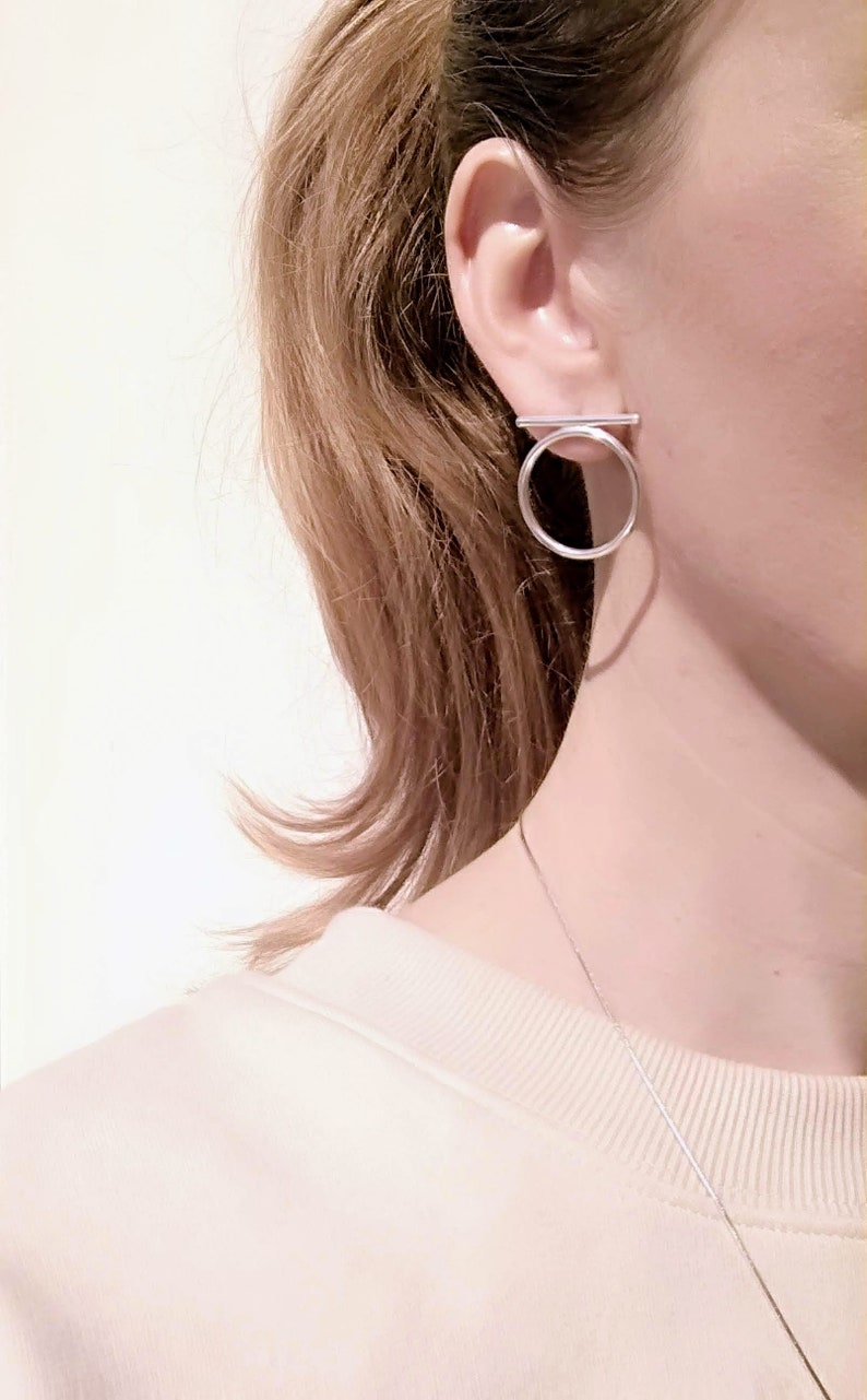 Sterling Silver Line & Hoop Earrings, Minimalist Hoops, Gift, Silver Circle Stud Earrings, Small Silver Hoops, Geometric Earrings, Women image 1
