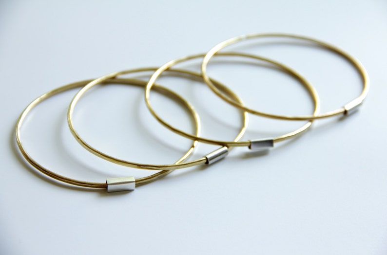 Thin Brass and Sterling Silver Bangles, Set of Two, Stackable Bangle Set, Minimalist Bangles image 4