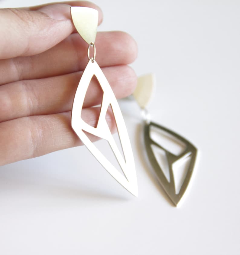Sterling Silver Statement Earrings, Triangle CutOut Earrings, Gift, Lotus Leaf, Minimalist Earrings, Triangle Drop Earrings, Geometric image 1