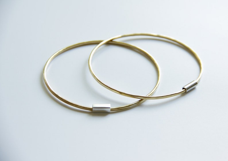 Thin Brass and Sterling Silver Bangles, Set of Two, Stackable Bangle Set, Minimalist Bangles image 2
