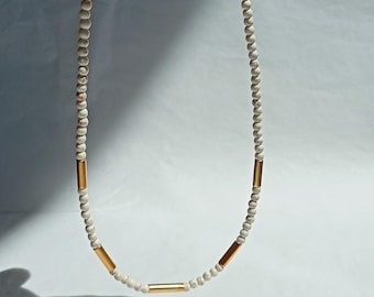 Cream Howlite & Gold Tube Necklace: Boho Mediterranean Jewelry
