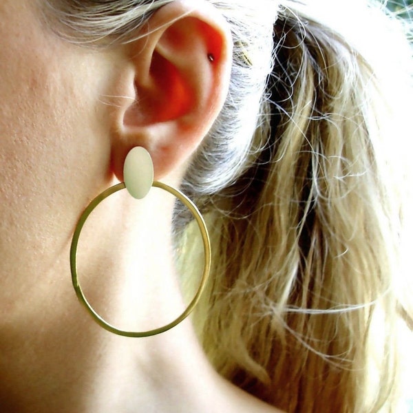 Boho Hoops, Gift For Her, Oval Sterling Silver Stud & Oval Brass Hoop Earrings, Statement Hoop Earrings, Minimalist Hoops, Boho summer Hoops