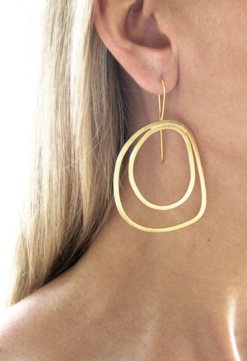 Gold Double Hoop Earrings, Gift, 24K Gold plated sterling silver Peacock hoops, Statement Earrings, Organic Shapes, Summer Hoops, Gift image 1