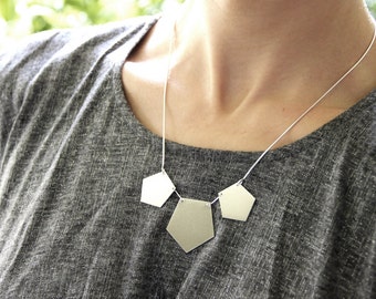 Statement necklace, Gift For Her, Sterling Silver Pentagon Necklace with A Snake Chain, Geometric Statement Necklace, Minimalist Necklace