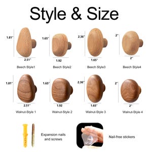 May include: Wooden cabinet knobs in various styles and sizes, labeled "Style & Size." The knobs are made of beech and walnut wood. Includes expansion nails, screws, and nail-free stickers for installation. Measurements are in inches.