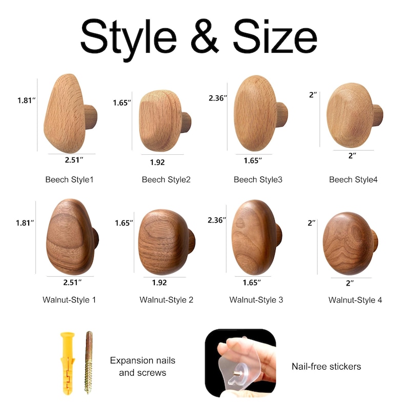 May include: Wooden cabinet knobs in various styles and sizes, labeled "Style & Size." The knobs are made of beech and walnut wood. Includes expansion nails, screws, and nail-free stickers for installation. Measurements are in inches.