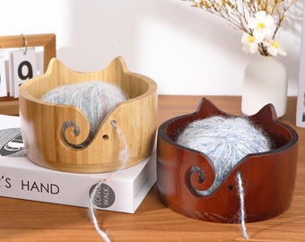 Bol de lana con orejas de gato, regalo para el Día de la Madre, bol de madera hecho a mano para guardar lana, bonito diseño de gato, regalo para tejedoras, regalo para ella.