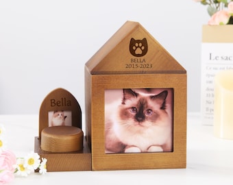 Personalized Portrait Engraved Wooden Urn Box for ashes,Photo Dog Cat Memorial Plaque,Unique Wooden Pet Hair Memorial Box,Pet Loss Gifts