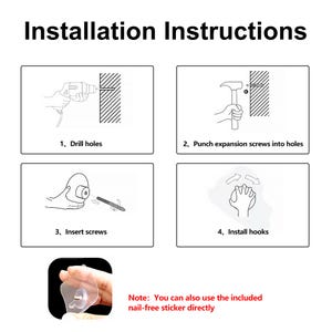 May include: Diagram showing installation instructions for a product. The steps include drilling holes, inserting screws, and installing hooks. The text at the top reads "Installation Instructions". A note at the bottom mentions using a nail-free sticker.