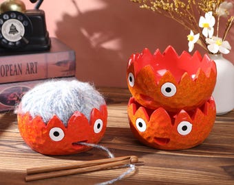 Cuenco de lana de demonio de fuego hecho a mano, soporte de lana único y lindo, regalo de arte de anime, regalo de cumpleaños kawaii personalizado para amantes del tejido, regalos para ella