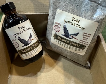 Gift Boxed Combo Pack              Pure Madagascar Vanilla Extract - 4 oz. & Madagascar Vanilla Sugar - 10 oz.  Hardy’s Finest Vanilla