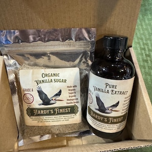Gift Boxed Combo Pack              Pure Madagascar Vanilla Extract - 4 oz. & Madagascar Vanilla Sugar - 4 oz.  Hardy’s Finest Vanilla