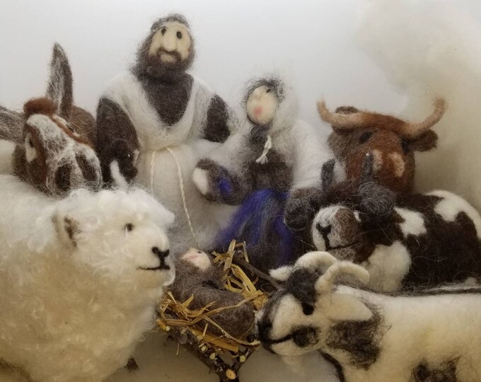A RARE BREED Animal Nativity Set With Maryjoseph. One of a Kind Hand Felted 100 Farm Raised