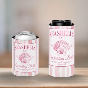 Custom Beach Bachelorette party favors Seashells and Wedding Bells coastal bow Bach can cooler Miami Bach Pink coquette seashell Beach Bride