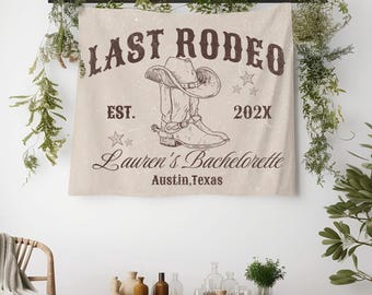 Banner "Ultimo Rodeo" personalizzato, decorazioni per addio al nubilato a Nashville, sfondo per addio al nubilato con ragazza cowgirl, cartello per festa "Ultimo giro", arazzo da parete Austin Bach