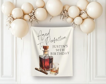 Custom Aged to perfection Whiskey cigar theme birthday party decor banner personalized backdrop bourbon Mens 50th 40th 30th 60th birthday