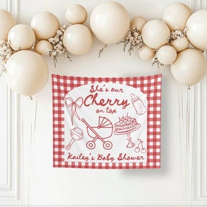 Custom Shes the Cherry on top baby shower banner cherry party decor personalized cherry on top theme baby shower backdrop party decorations