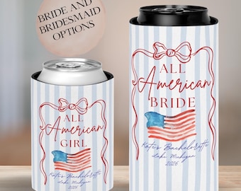 Custom American Bride Can Cooler personalized Red white and I do drink holder bachelorette party favors family reunion party gifts