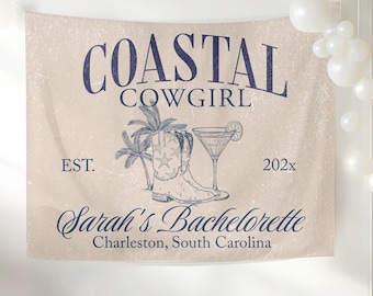 Banner personalizado para despedida de solteira com tema de caubói costeiro, tapeçaria personalizada para decoração de festa na praia, placa para despedida de solteira em Charleston, cenário para aniversário com tema costeiro.