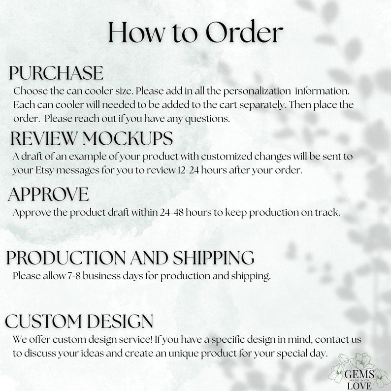 May include: Image with the text "How to Order" and instructions for purchasing, reviewing mockups, approving designs, production, and custom design services. The text is in a serif font on a white background.