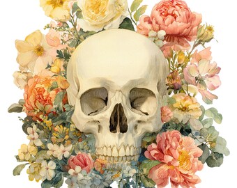 14 clipart de caveira floral, caveira com flores, aquarela para impressão, PNGs de alta qualidade, artesanato em papel, diário de sucata, download digital